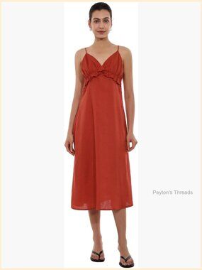 100% Linen Maxi Dress V Neck Spaghetti Strap Ruffled Trim Summer Beach Dress